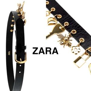 ZARA Black Leather Belt with Metallic Charms - Size 34 - NEW